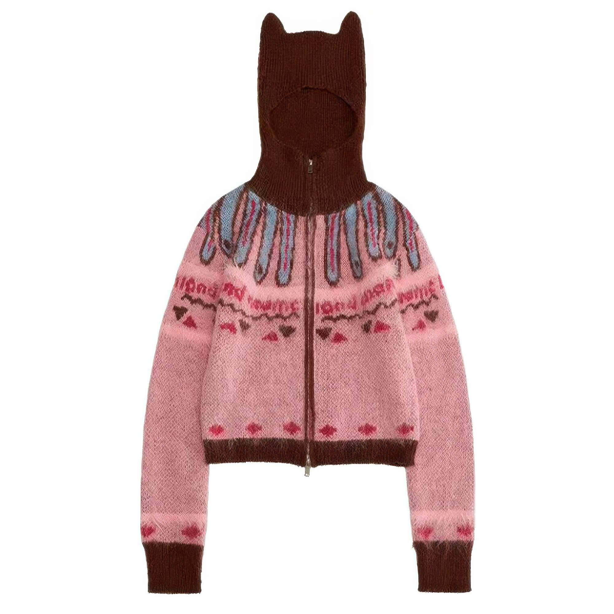 Brown Hood Y2K Cat Ears Zipper Cardigan for Women