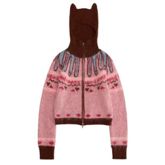 Brown Hood Y2K Cat Ears Zipper Cardigan for Women