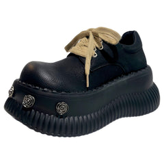 Chaotic Academia Brown Platform Booties With Roses Pins