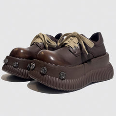 Chaotic Academia Brown Platform Booties With Roses Pins