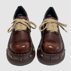 Chaotic Academia Brown Platform Booties With Roses Pins