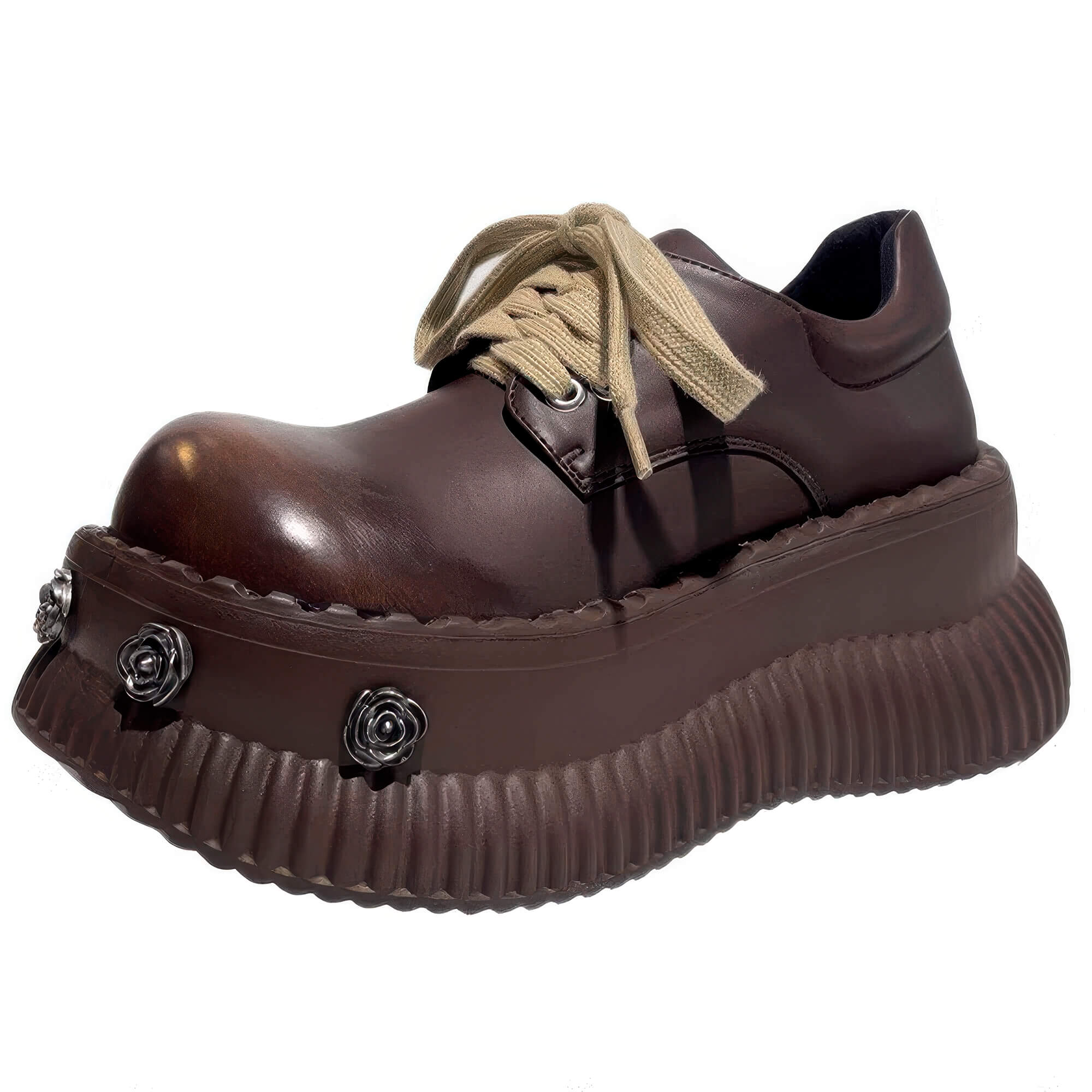 Chaotic Academia Brown Platform Booties With Roses Pins
