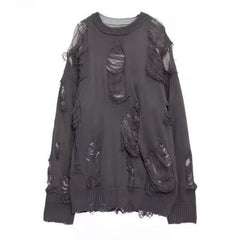 Distressed Ripped Gray Y2K Knit Sweater Unisex