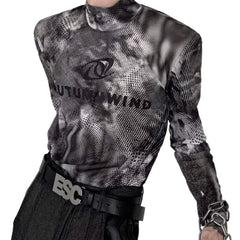 Gray Mesh Y2K Rave Turtleneck Long Sleeve Top Unisex