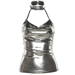 Silver Metal Halter Neck Top for Women