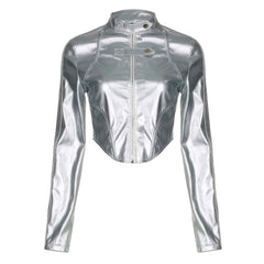 Silver Y2K Cropped Top Long Sleeve Shirt for Women