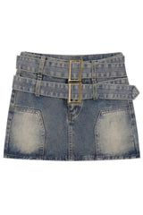 Double Belt Denim High Waisted Y2K Mini Skirt