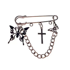 Altcore Y2K Brooche Pin with Butterflies and Cross Chain