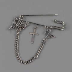 Altcore Y2K Brooche Pin with Butterflies and Cross Chain