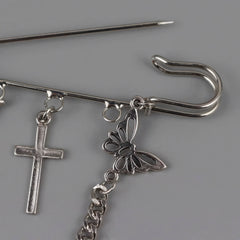 Altcore Y2K Brooche Pin with Butterflies and Cross Chain