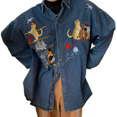 Cats With Yarn Embroidery Denim Shirt Unisex Retro Y2K