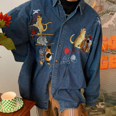 Cats With Yarn Embroidery Denim Shirt Unisex Retro Y2K