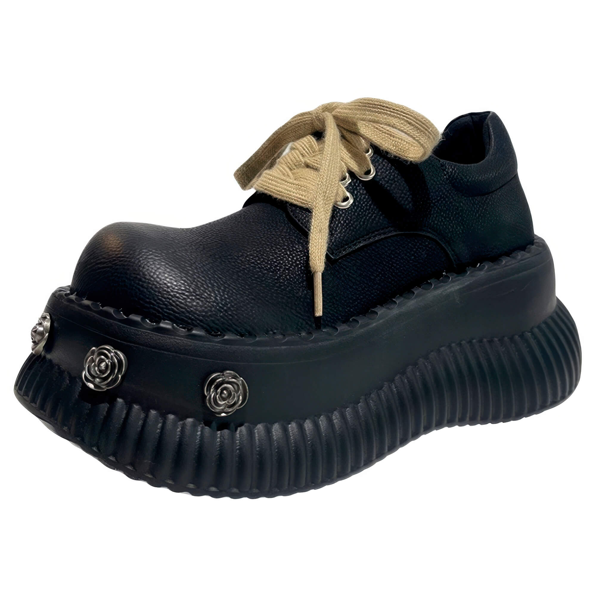 Chaotic Academia Brown Platform Booties With Roses Pins