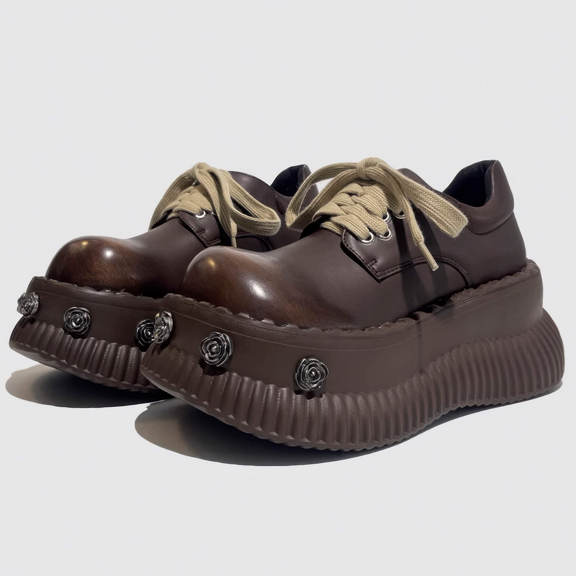 Chaotic Academia Brown Platform Booties With Roses Pins