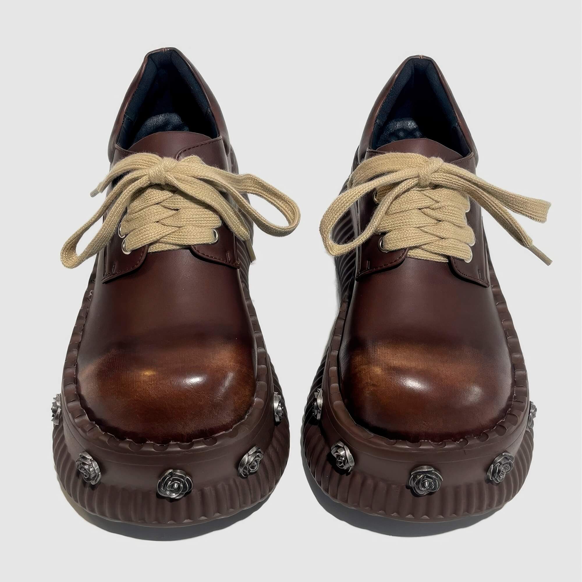 Chaotic Academia Brown Platform Booties With Roses Pins