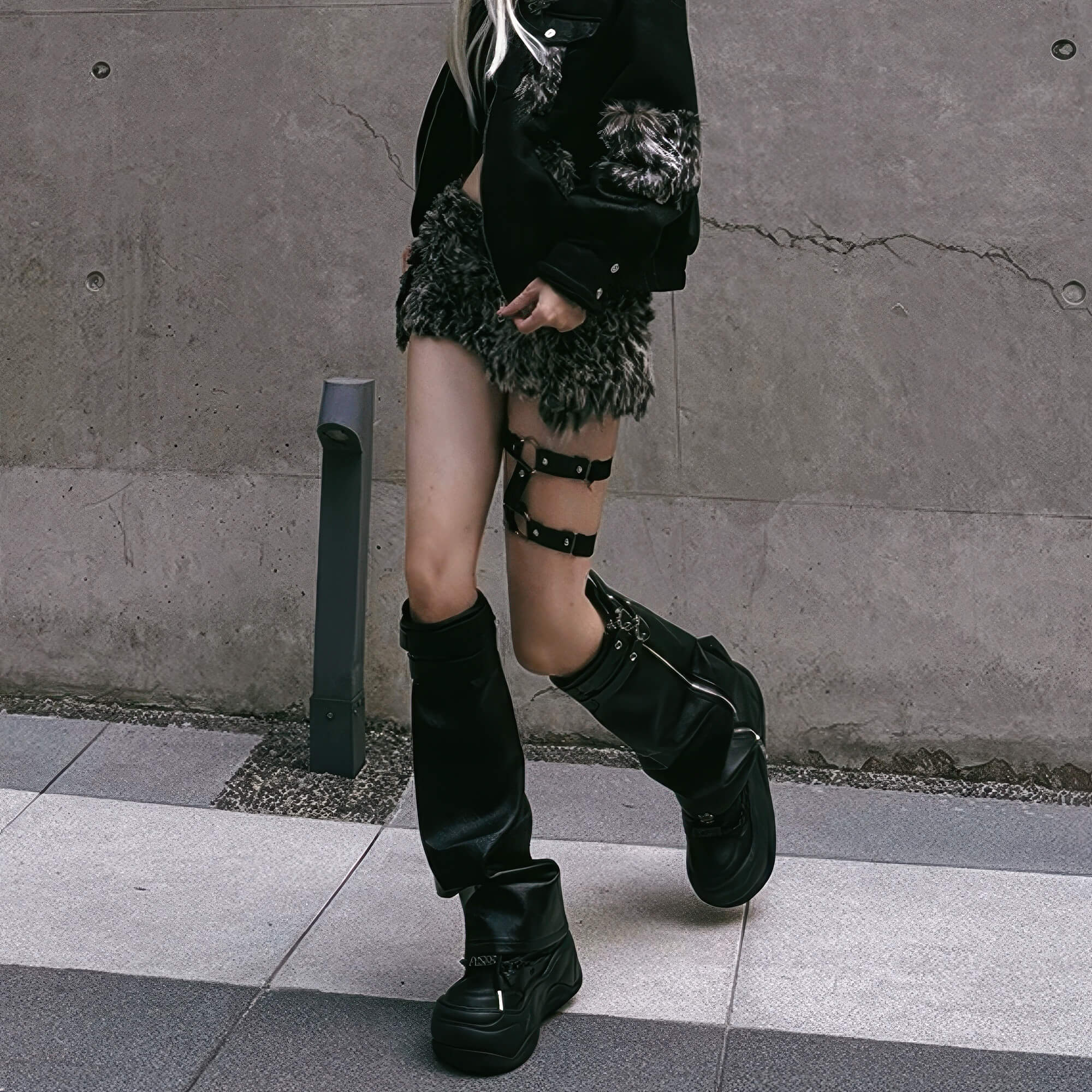 Chunky Sole Black Y2K Sneakers With Leg Covers