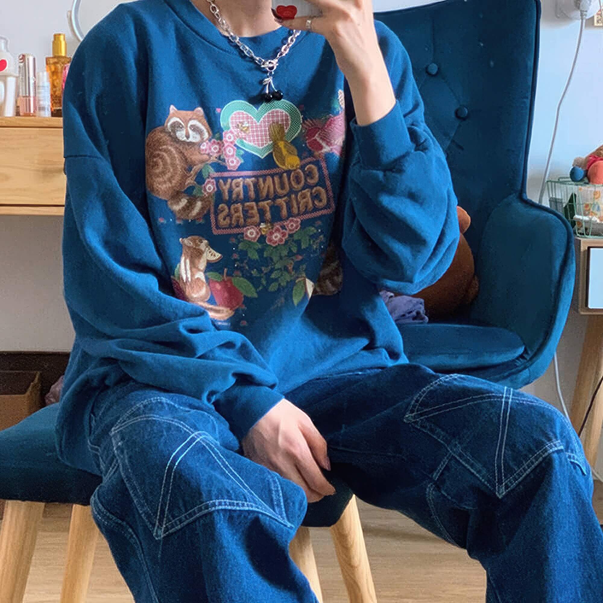 Country Critters Blue Sweatshirt Unisex Cute Retro Y2K