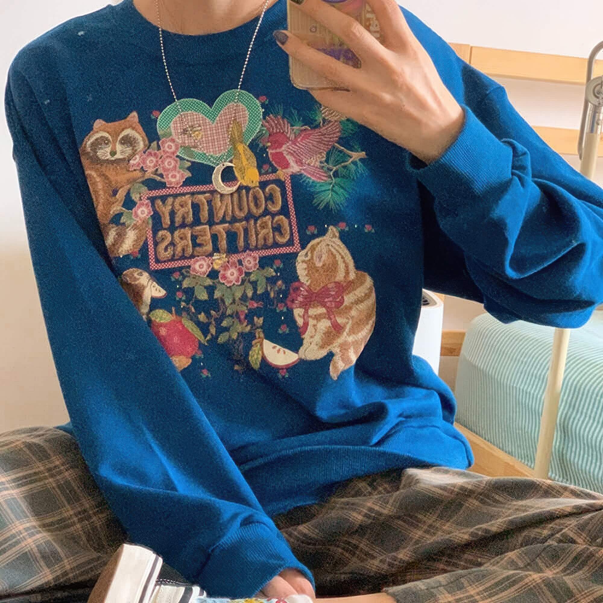 Country Critters Blue Sweatshirt Unisex Cute Retro Y2K