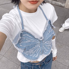 Denim Butterfly Women's Halter Neck Crop Top Retro Y2K