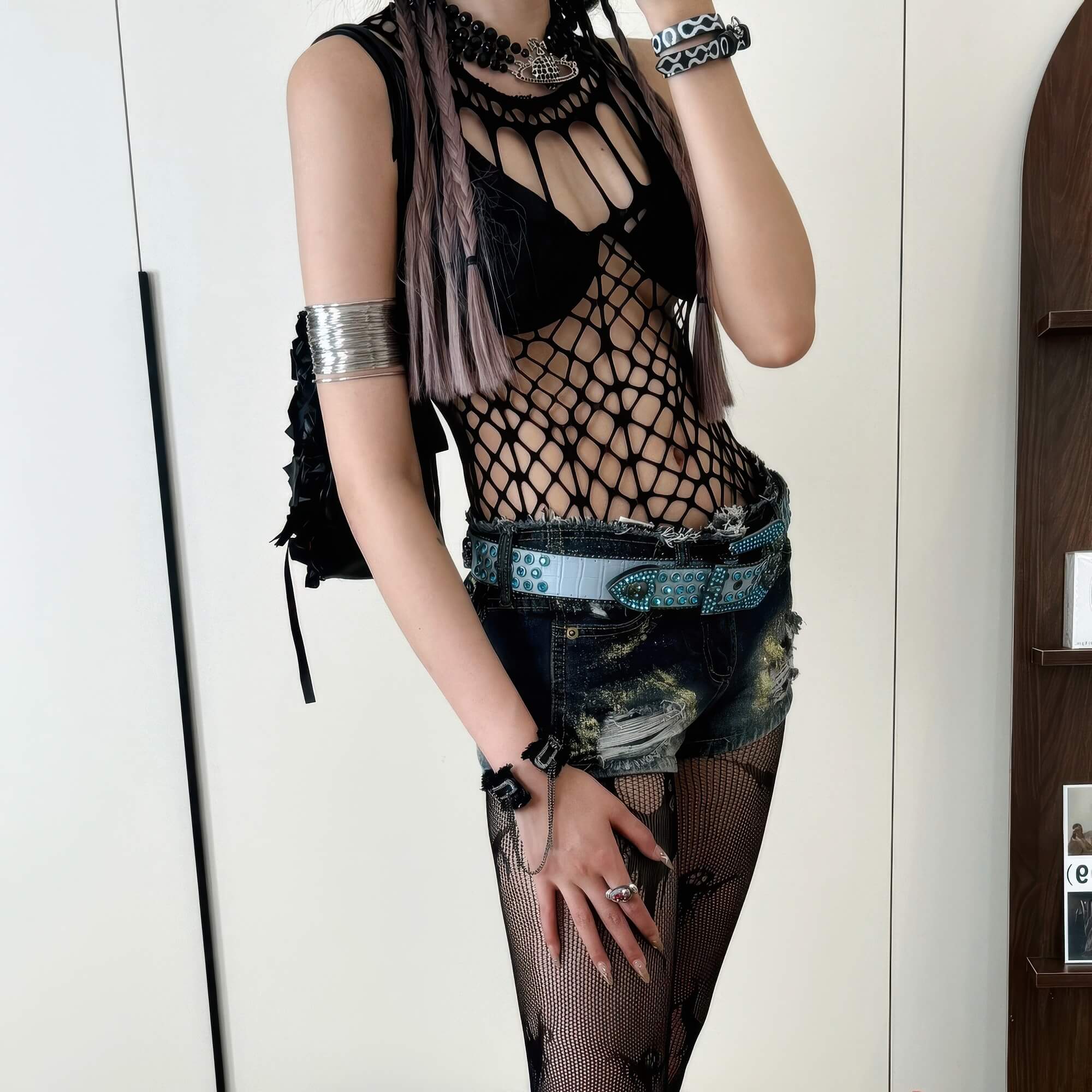Large Grid Hollow Web Black Fishnet Sleveless Top Y2K