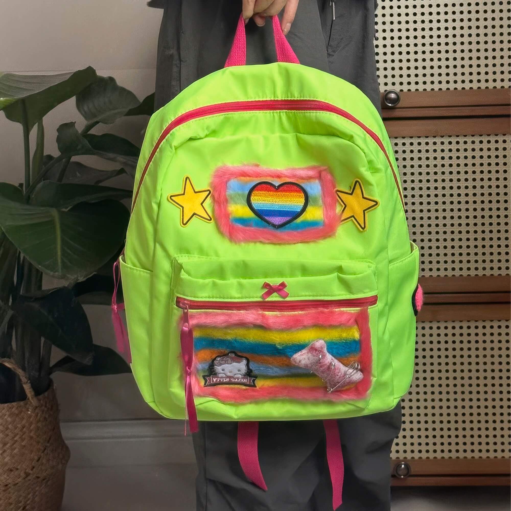 Neon Green Y2K Fuzzy Patches Rainbow Backpack