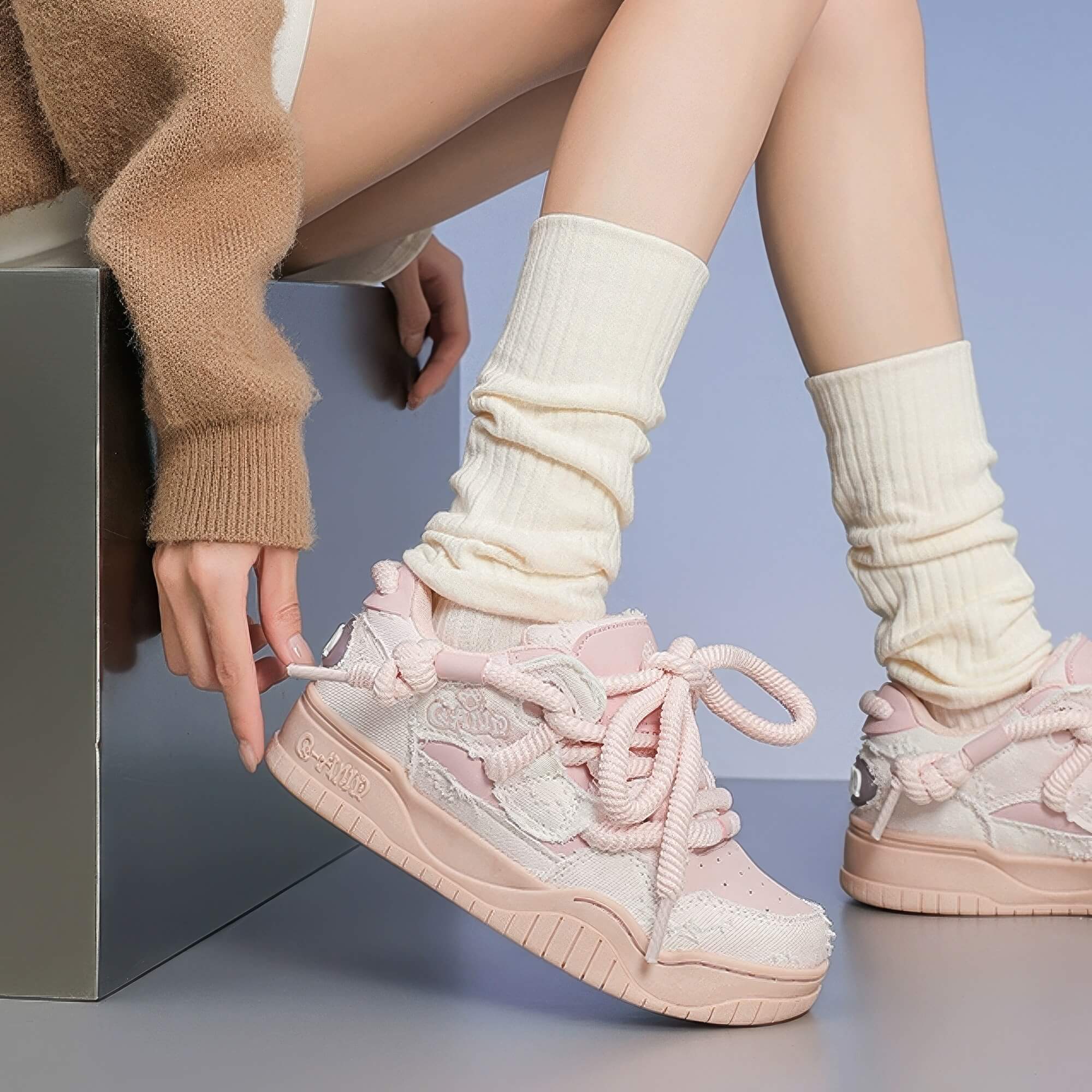 Pink Pastel Sakura Kawaii Sneakers Thick Sole Q-And