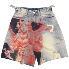 Red Y2K Anime Demon Girl Drawing Denim Shorts Unisex