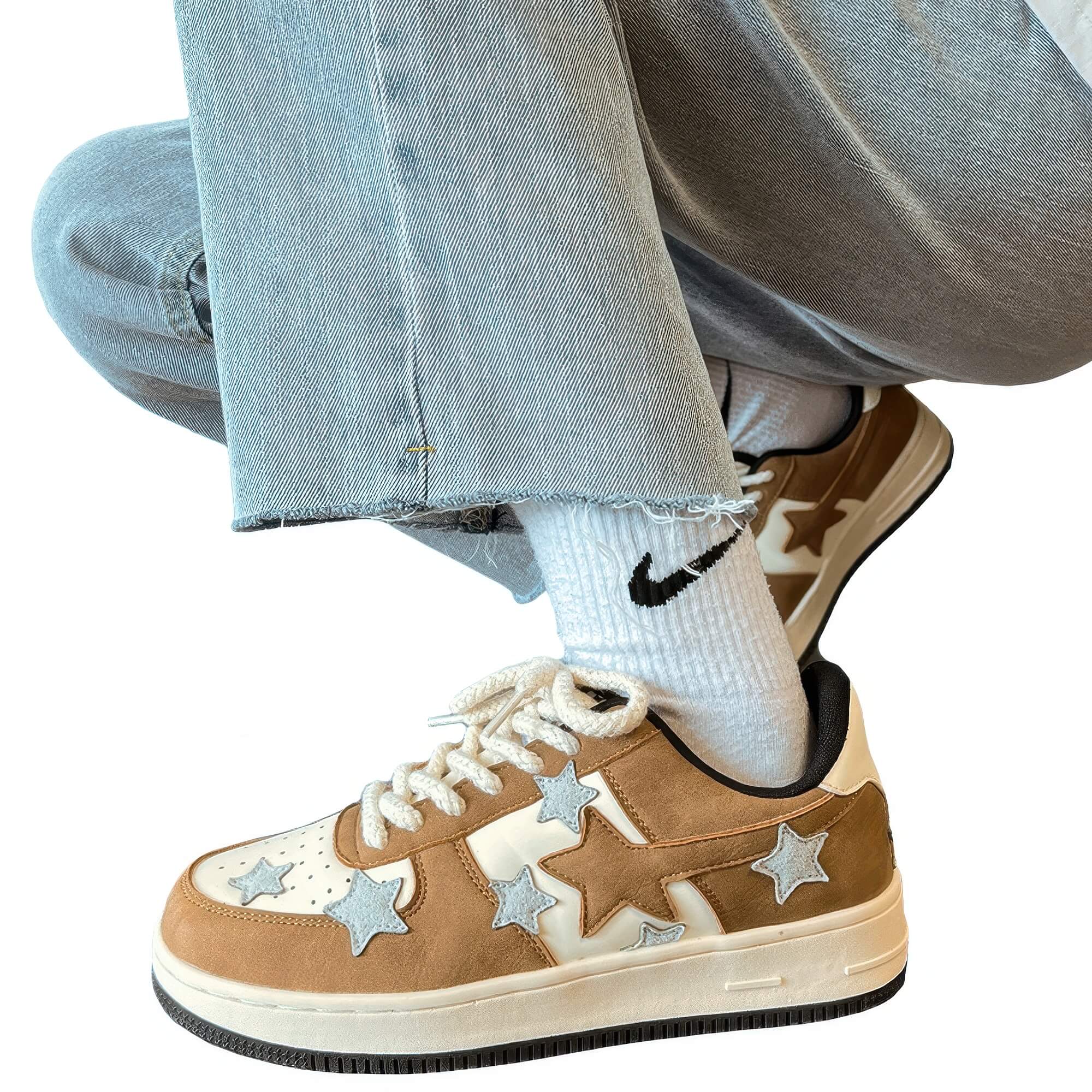 Retro Y2K Light Brown Sneakers With Silver Stars