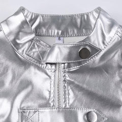 Silver Y2K Cropped Top Long Sleeve Shirt for Women