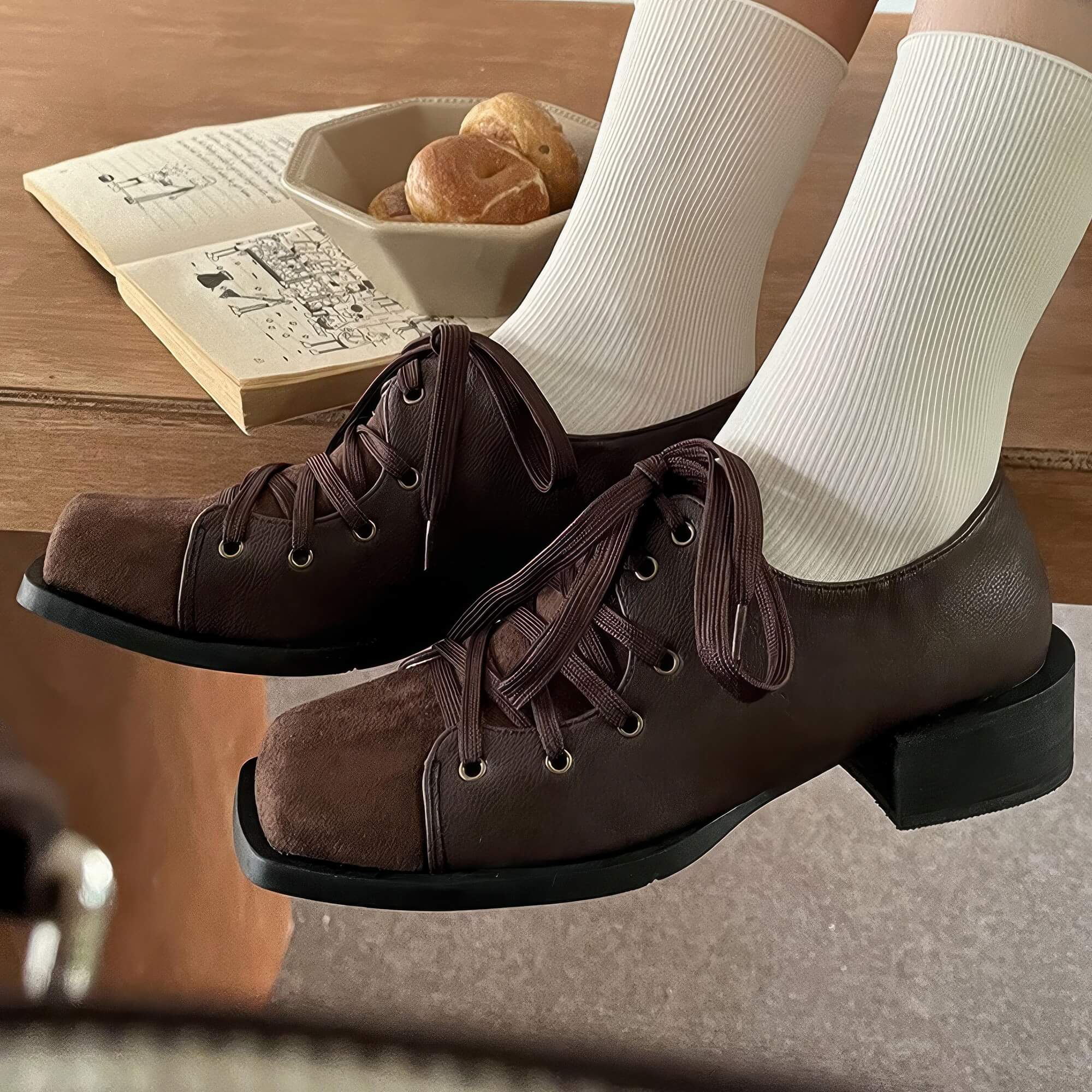 Square Toe Lace Up Vintage Academia Shoes