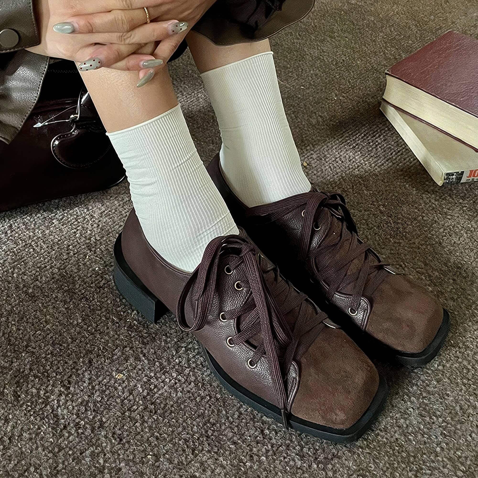 Square Toe Lace Up Vintage Academia Shoes