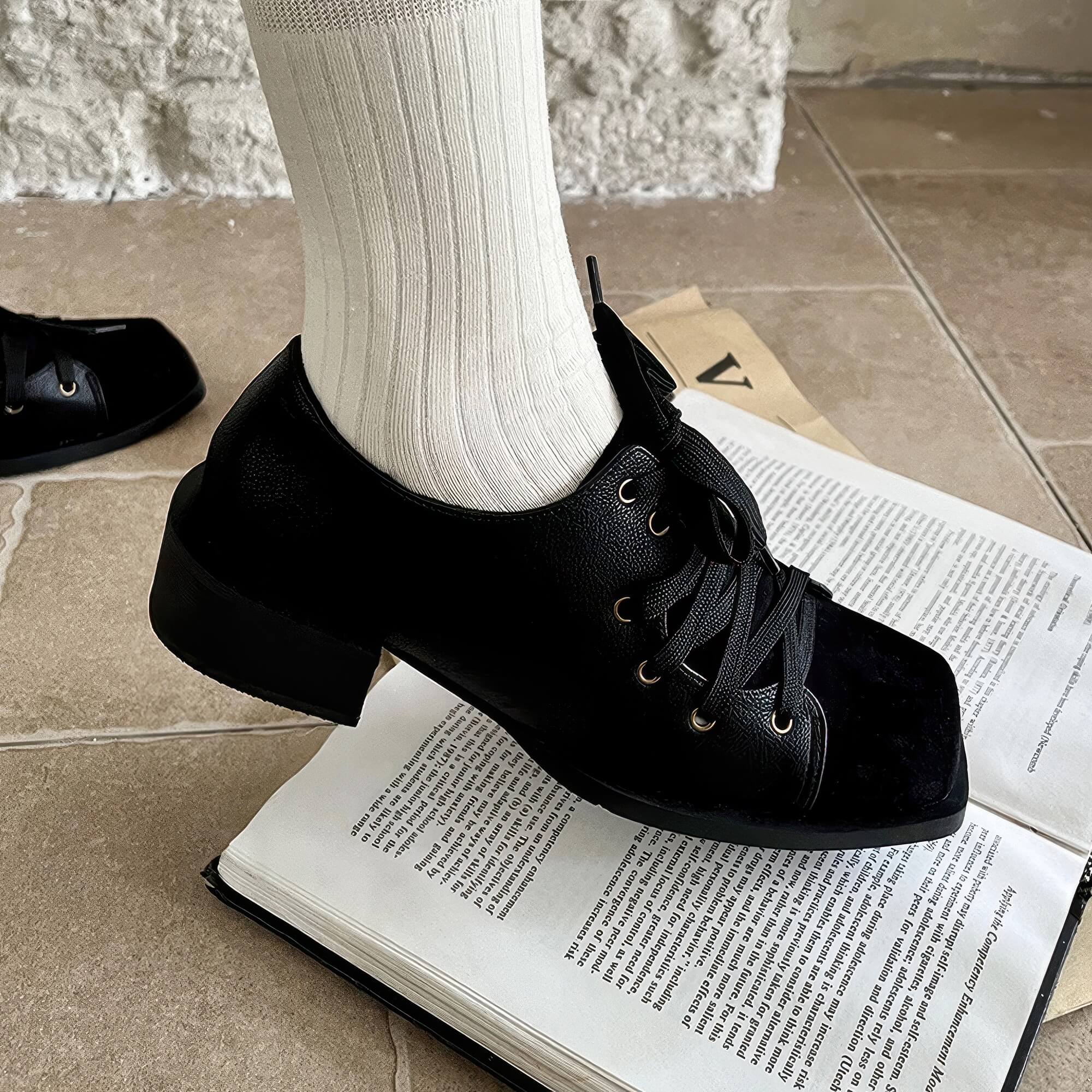 Square Toe Lace Up Vintage Academia Shoes