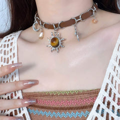 Thin Leather Choker Sun and Stars Celestial Retro Y2K