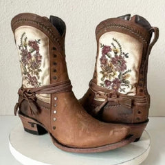 Western Bohemian Embroidered Flowers Cowgirl Boots