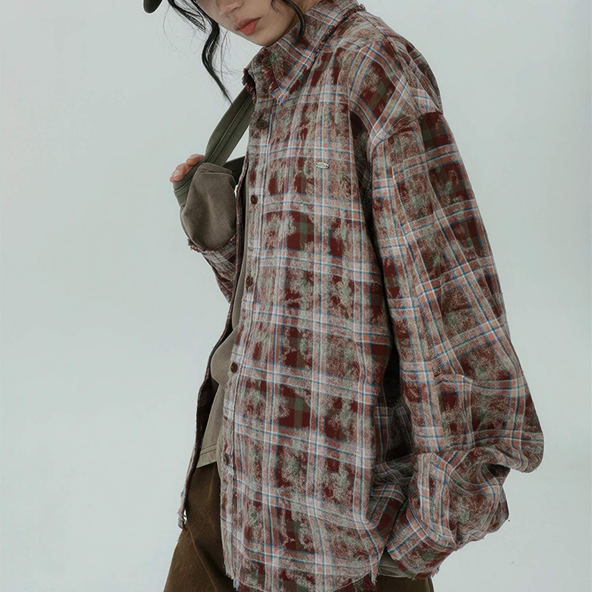 Y2K Grunge Distressed Plaid Long Sleeve Shirt Unisex