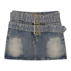 Double Belt Denim High Waisted Y2K Mini Skirt