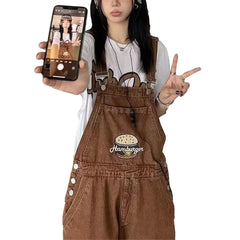 Hamburger Embroidery Y2K Brown Jumpsuit for Women