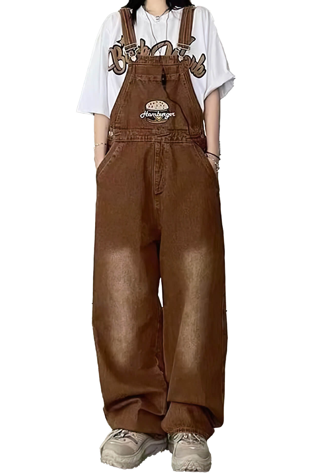 Hamburger Embroidery Y2K Brown Jumpsuit for Women
