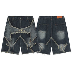 Hip Stars Fringe Denim Dark Blue Y2K Shorts Unisex