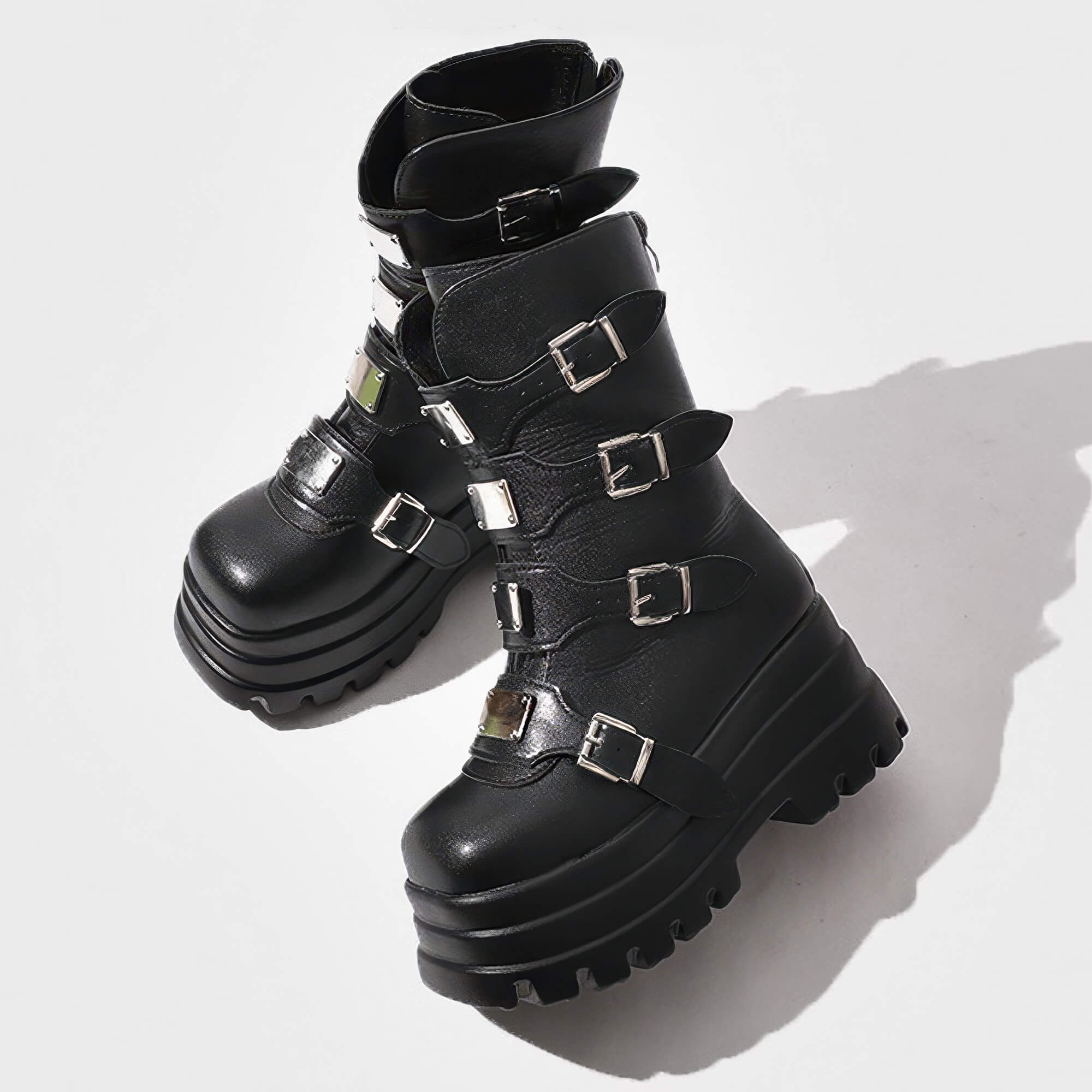 Industrial Goth High Ankle Boots Front Plates Thick Sole