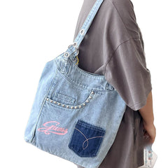 Light Blue Denim Jeans Pockets Y2K Tote Bag