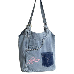 Light Blue Denim Jeans Pockets Y2K Tote Bag