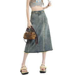 Retro Y2K Frayed Denim Midi Skirt for Women