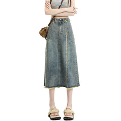 Retro Y2K Frayed Denim Midi Skirt for Women