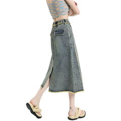 Retro Y2K Frayed Denim Midi Skirt for Women