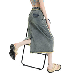 Retro Y2K Frayed Denim Midi Skirt for Women