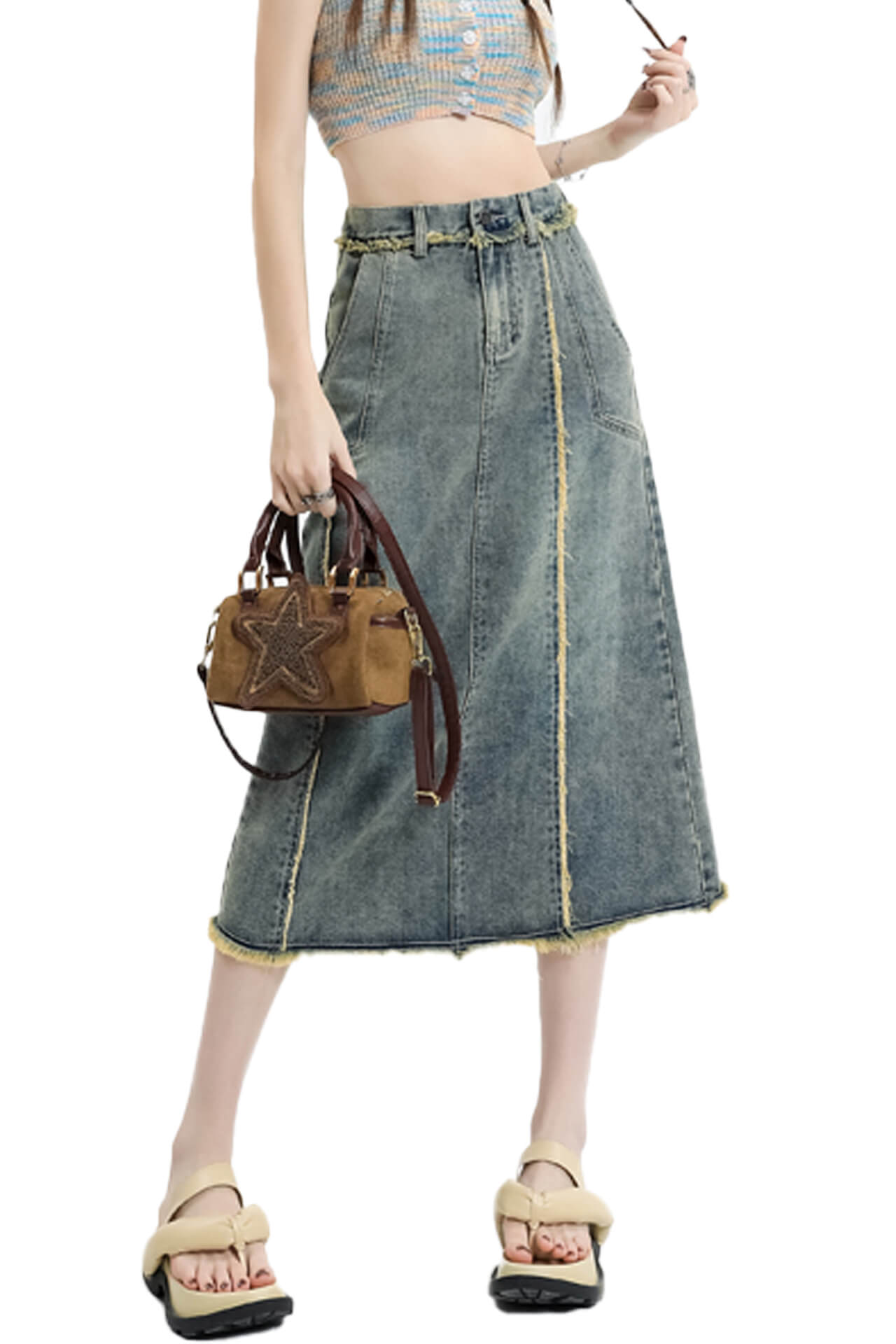 Retro Y2K Frayed Denim Midi Skirt for Women