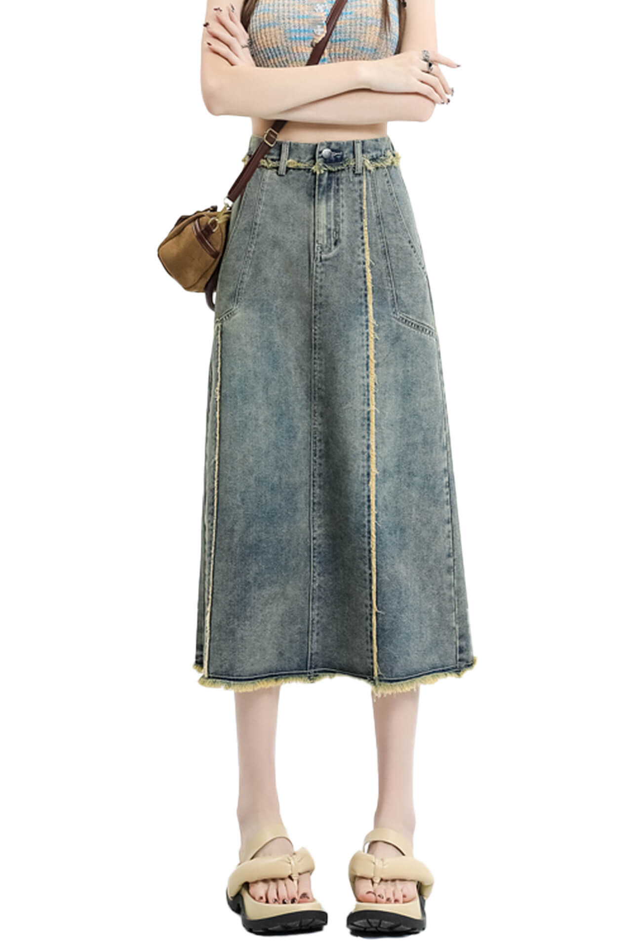 Retro Y2K Frayed Denim Midi Skirt for Women