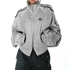 Silver Gray Retro Y2K Windbreaker Jacket for Women