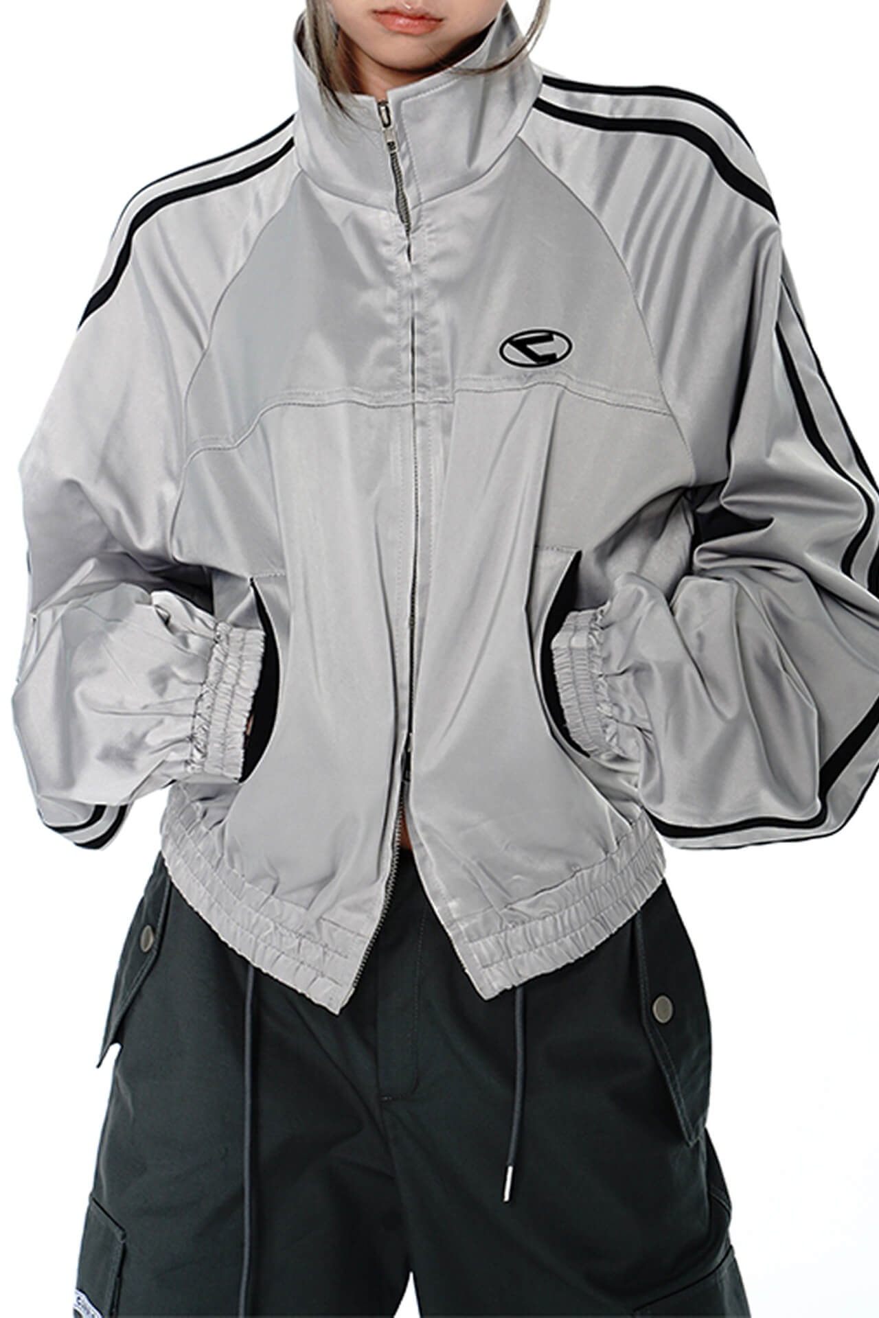 Silver Gray Retro Y2K Windbreaker Jacket for Women